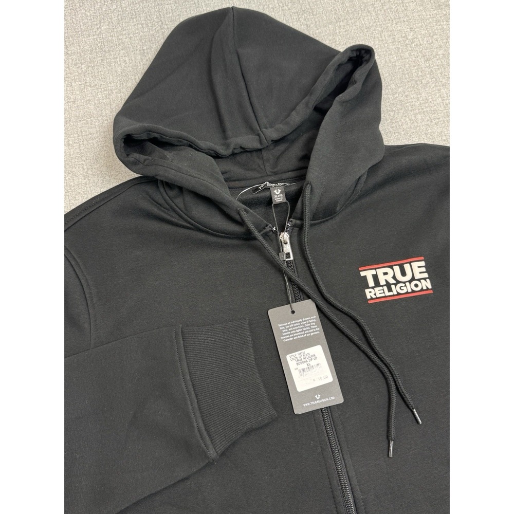 True Religion Hoodie Mens XL Black Full Zip Sweatshirt Buddha Guitar Logo Jacket